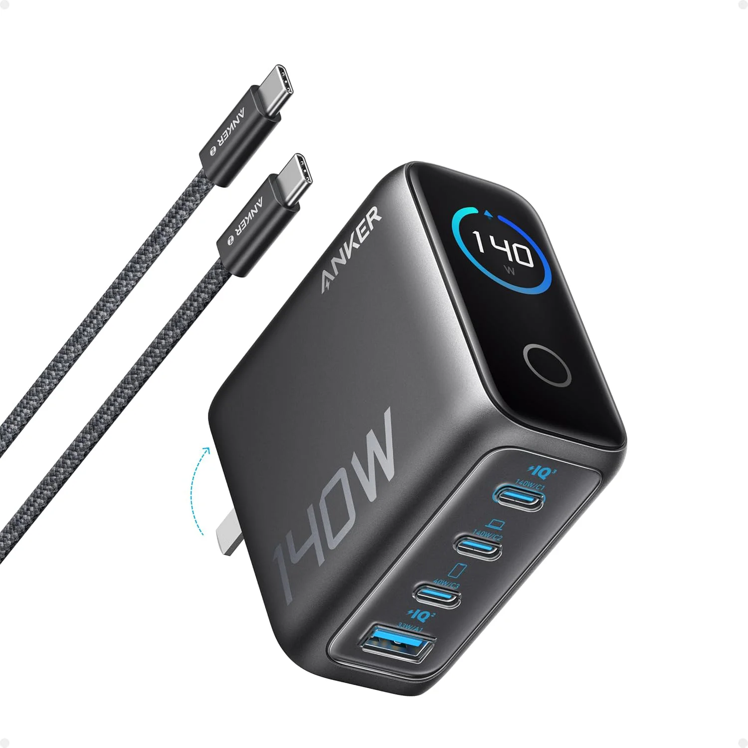 Anker Zolo 140W 4-Port GaN Charger with Touch Display - TechFeri Bangladesh