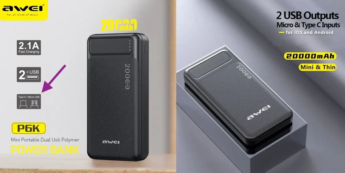 Awei P6K 20000mAh Power Bank – Dual USB Output