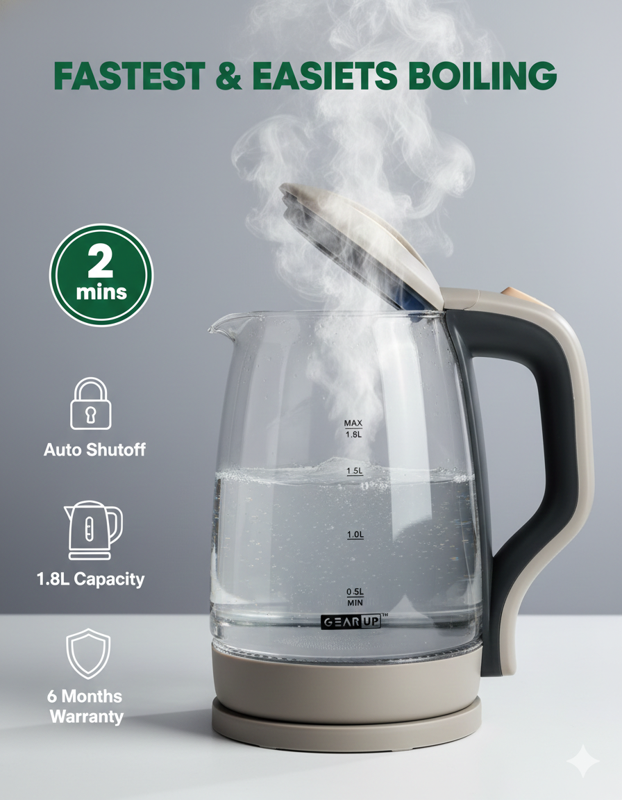 GearUP GK15 Electric Glass Kettle 1.8L – 1500W Fast Boil - TechFeri Bangladesh