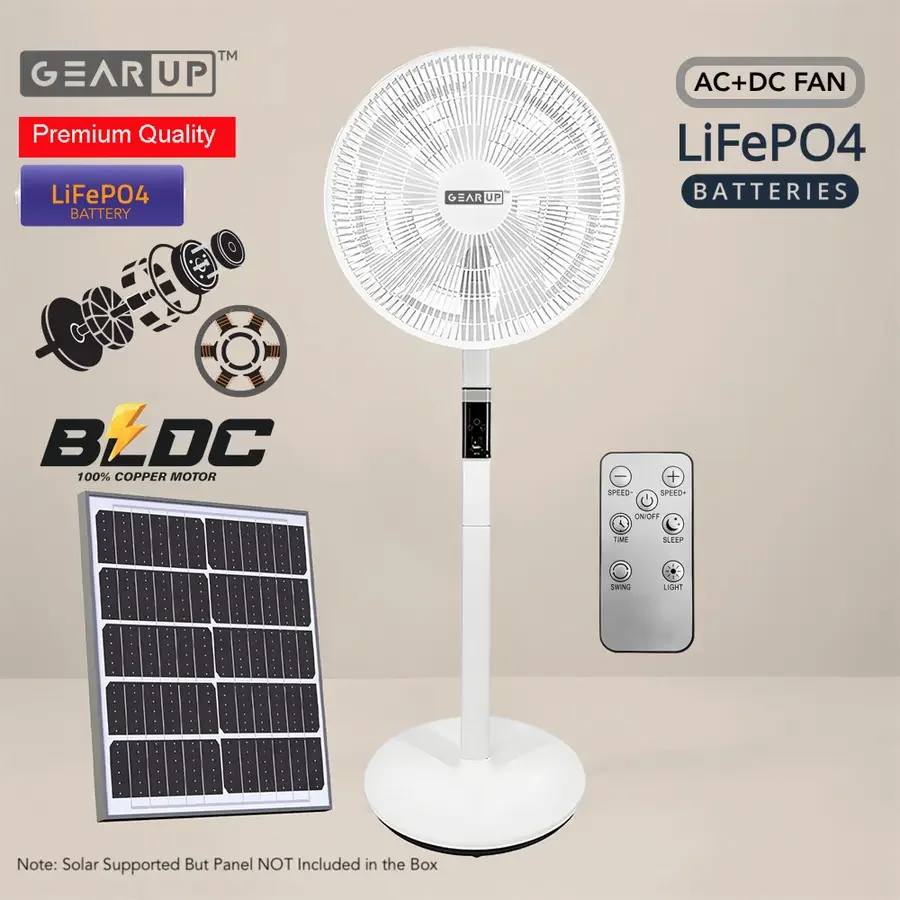 GearUP GP90 14 inch Rechargeable BLDC Solar Stand Fan – LiFePO4 - TechFeri Bangladesh
