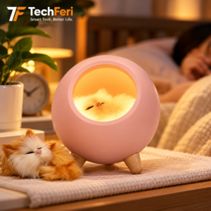 Cute Cat House Night Light – Rechargeable LED Bedside Lamp (Pink)