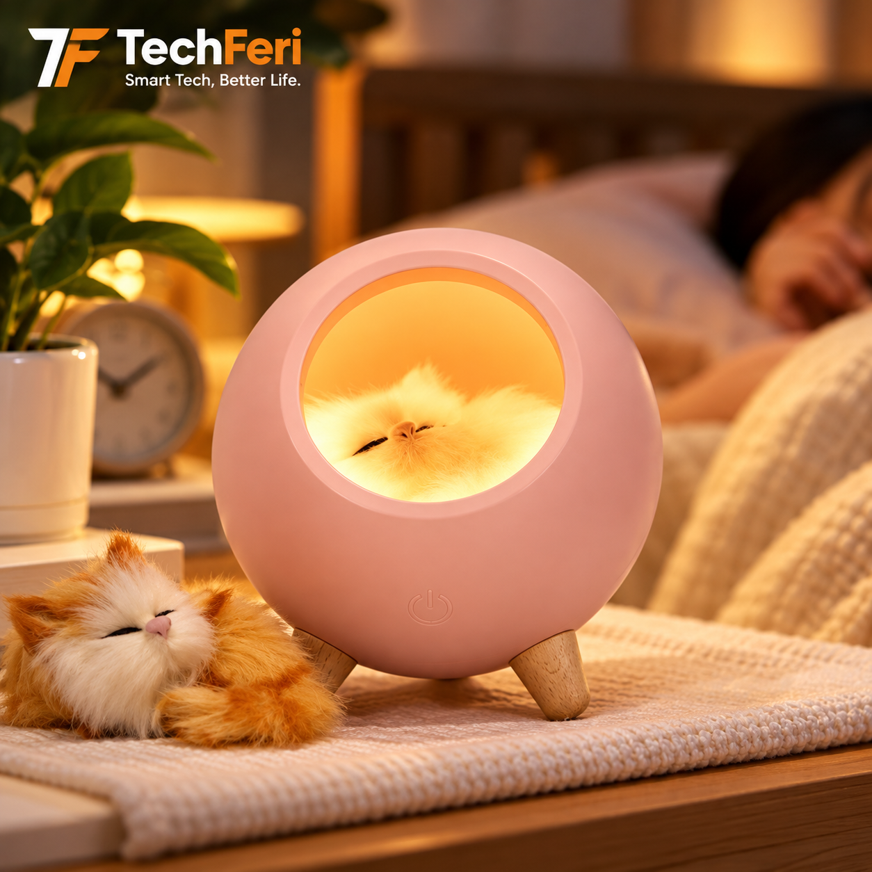 Cute Cat House Night Light – Rechargeable LED Bedside Lamp (Pink)