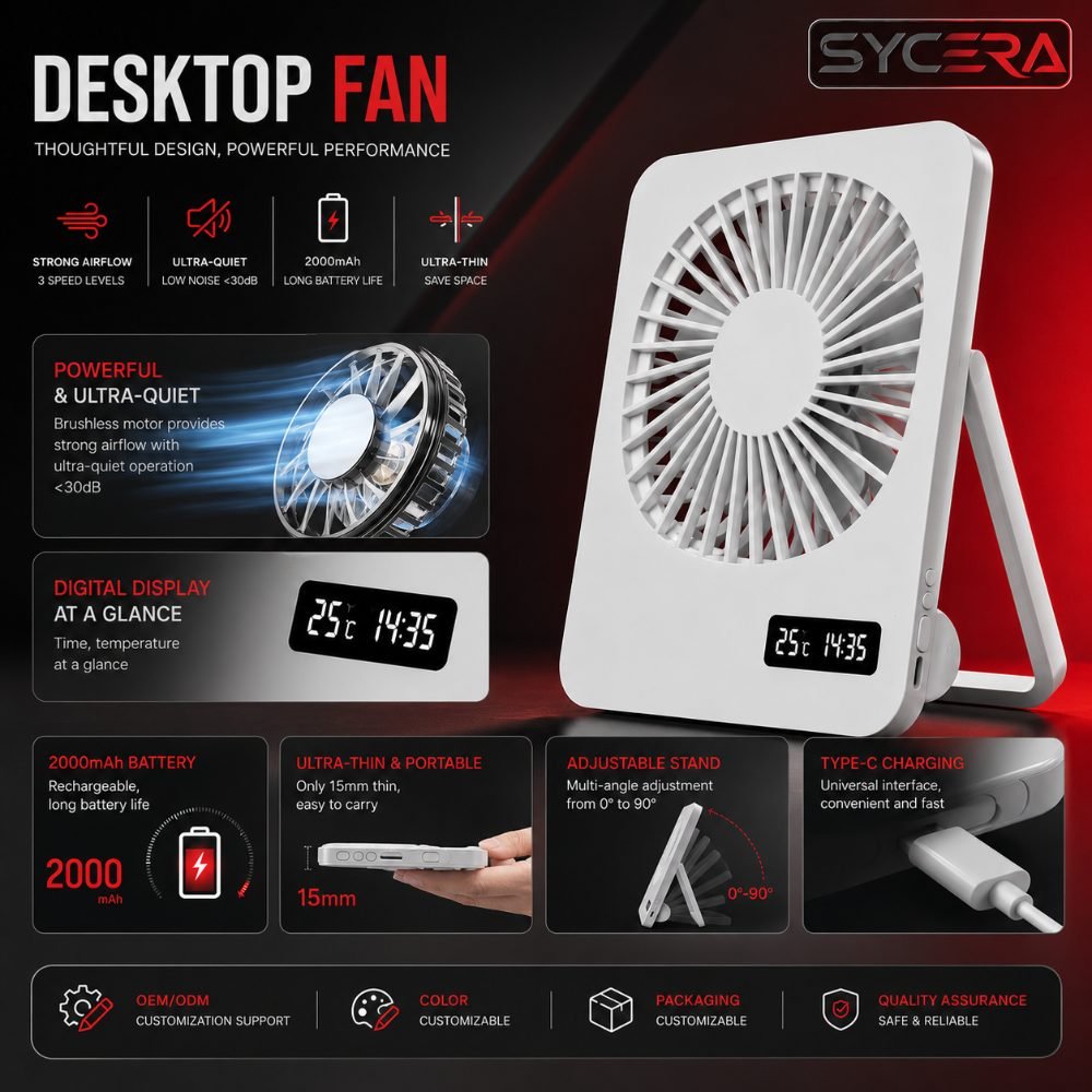 Desktop Fan features — brushless motor, Type-C, adjustable stand